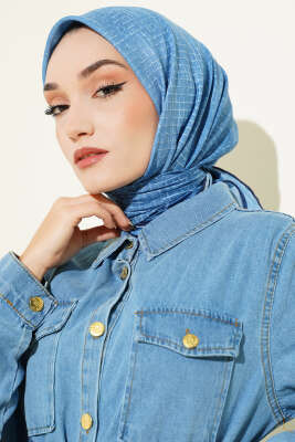 Pazarium - İnce Çizgi Desenli Demore Eşarp Mavi