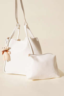 Pazarium - Çıtçıtlı Makyaj Çantalı Kadın El Çantası Beyaz