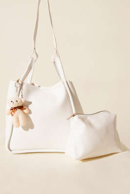 Çıtçıtlı Makyaj Çantalı Kadın El Çantası Beyaz - Thumbnail