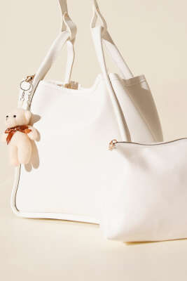 Çıtçıtlı Makyaj Çantalı Kadın El Çantası Beyaz - Thumbnail