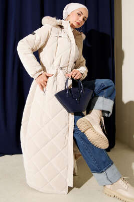 Pazarium - Bel Tünelli Kapüşonlu Kapitone Mont Taş