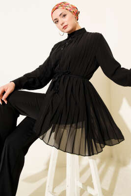 Pazarium - Pileli Düğmeli Şifon İkili Takım Siyah