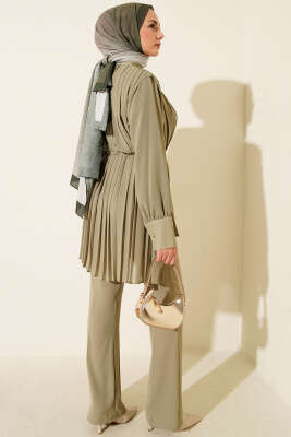 Pileli Düğmeli Şifon İkili Takım Yeşil - Thumbnail