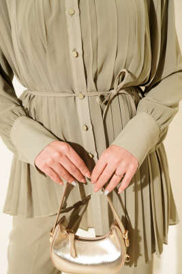 Pileli Düğmeli Şifon İkili Takım Yeşil - Thumbnail