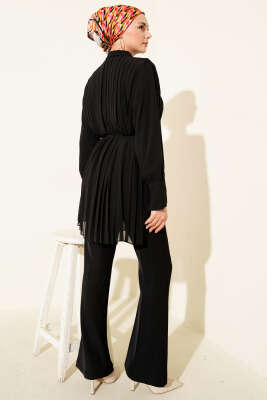 Pileli Düğmeli Şifon İkili Takım Siyah - Thumbnail