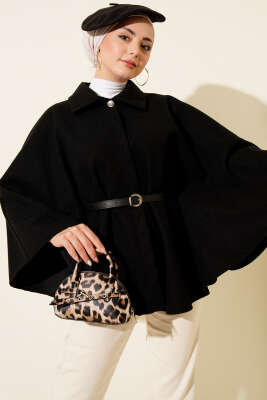 Pazarium - Kemerli Gömlek Yaka Kaşe Panço Siyah