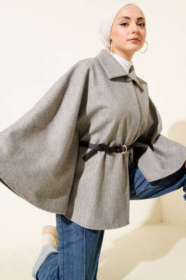 Pazarium - Kemerli Gömlek Yaka Kaşe Panço Gri