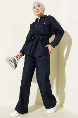 Pazarium - Bel Tünelli Fermuarlı Kot İkili Takım Lacivert