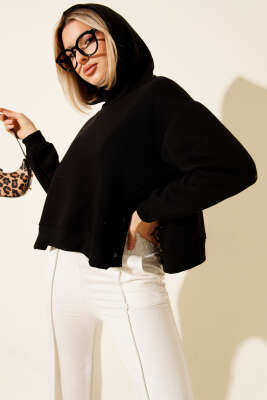 Pazarium - Yanları Çıtçıtlı Şardonlu Sweatshirt Siyah