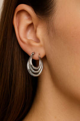 Pazarium - Üç Bantlı Halka Küpe Gümüş