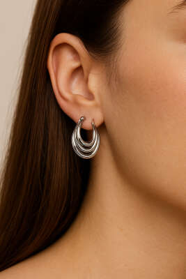 Üç Bantlı Halka Küpe Gümüş - Thumbnail