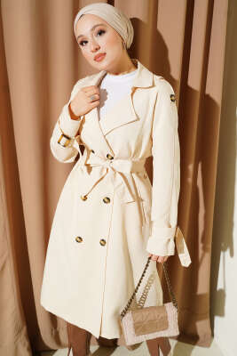 Pazarium - Apoletli Kruvaze Yaka Trençkot Bej