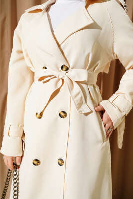 Apoletli Kruvaze Yaka Trençkot Bej - Thumbnail