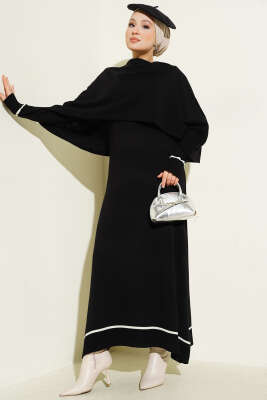Pazarium - Pelerin Detaylı Triko Elbise Siyah
