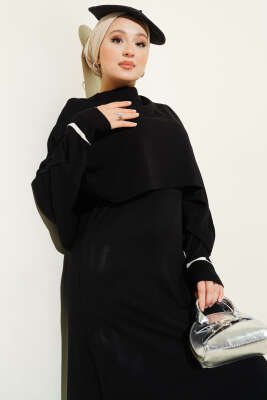 Pelerin Detaylı Triko Elbise Siyah - Thumbnail