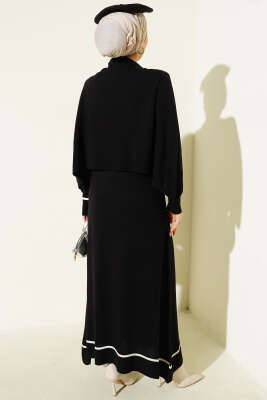Pelerin Detaylı Triko Elbise Siyah - Thumbnail