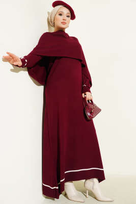 Pazarium - Pelerin Detaylı Triko Elbise Bordo