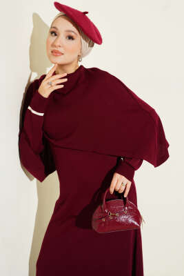 Pelerin Detaylı Triko Elbise Bordo - Thumbnail