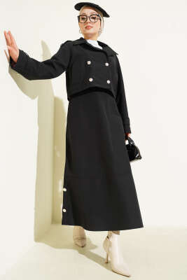 Kruvaze Yaka Ceket Etekli İkili Takım Siyah - Thumbnail