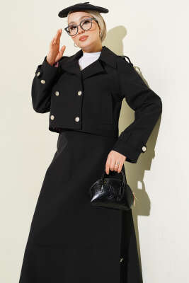 Kruvaze Yaka Ceket Etekli İkili Takım Siyah - Thumbnail