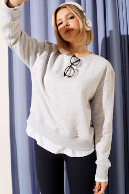 Pazarium - Garnili Bisiklet Yaka Sweatshirt Gri