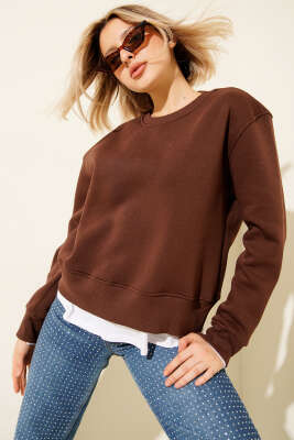 Pazarium - Garnili Bisiklet Yaka Sweatshirt Kahve