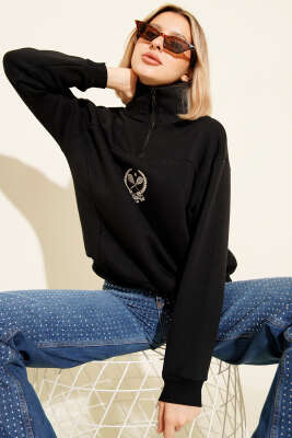 Pazarium - Üç İplik Dik Yaka Sweatshirt Siyah