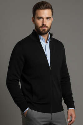 Pazarium - Fermuarlı Selanik Erkek Hırka Siyah