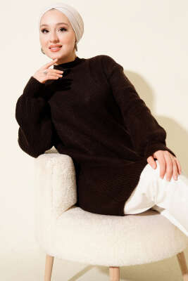 Pazarium - Selanik Örgü Yumoş Triko Tunik Acı Kahve