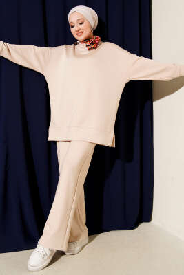 Pazarium - Yan Yırtmaç Detaylı Loyşa İkili Takım Bej