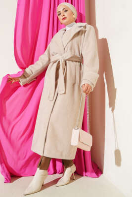 Kol Düğme Detaylı Kruvaze Kaban Taş - Thumbnail