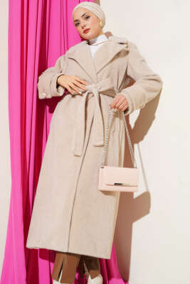 Kol Düğme Detaylı Kruvaze Kaban Taş - Thumbnail