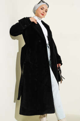 Kol Düğme Detaylı Kruvaze Kaban Siyah - Thumbnail