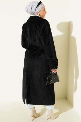 Kol Düğme Detaylı Kruvaze Kaban Siyah - Thumbnail