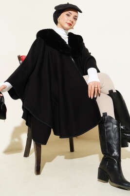 Pazarium - Yaka Kürk Detaylı Panço Siyah