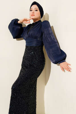 Pazarium - Balon Kol Pul Payet Abiye Elbise Lacivert