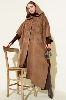 Pazarium - Kapüşonlu Triko Panço Latte