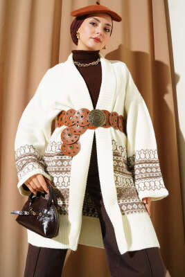 Pazarium - Şal Yaka Etnik Desen Triko Hırka Ekru