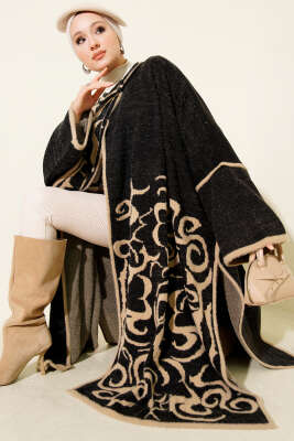 Angora Detaylı Yaka Düğmeli Panço Siyah - Thumbnail