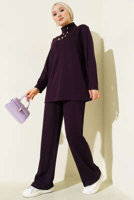 Pazarium - Yaka Gold Düğmeli Loyşa İkili Takım Mor