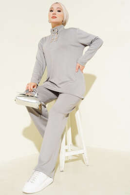 Pazarium - Yaka Gold Düğmeli Loyşa İkili Takım Gri