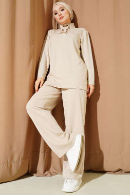 Pazarium - Yaka Gold Düğmeli Loyşa İkili Takım Bej