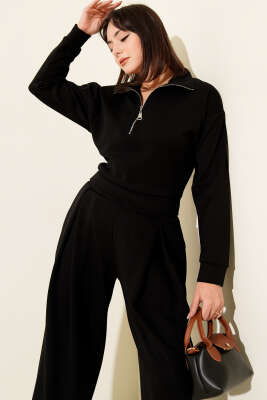 Pazarium - Yarım Fermuarlı Bluzlu Loyşa İkili Takım Siyah