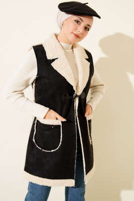 Pazarium - Peluş İçli Süet Yelek Siyah