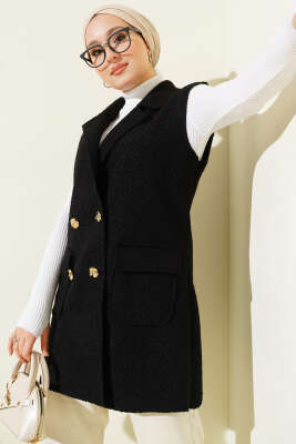 Pazarium - Kruvaze Yaka Düğmeli Detaylı Yelek Siyah