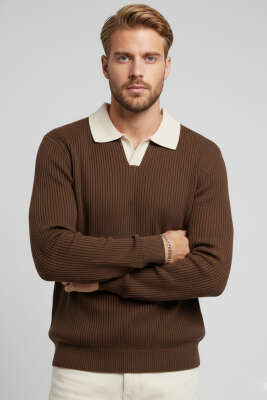 Pazarium - Polo Yaka Renkli Triko Kazak Kahve