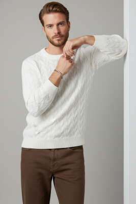 Bisiklet Yaka Triko Kazak Beyaz - Thumbnail