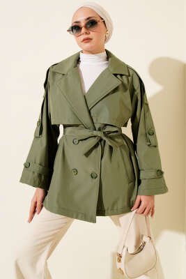 Pazarium - Omuz Apoletli Kuşaklı Trençkot Haki