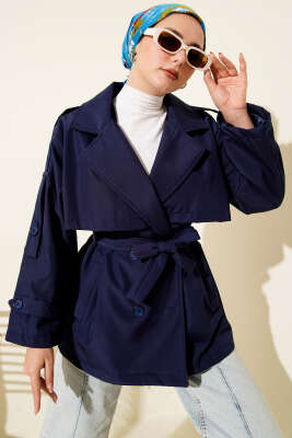 Pazarium - Omuz Apoletli Kuşaklı Trençkot Lacivert