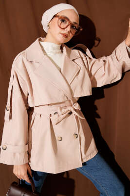 Pazarium - Omuz Apoletli Kuşaklı Trençkot Bej